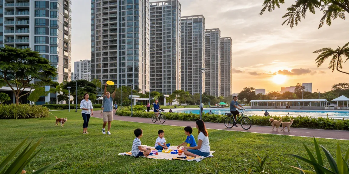 Tanjong Rhu Residences skyline with lively urban park scene showcasing family activities, greenery, and community engagement.
