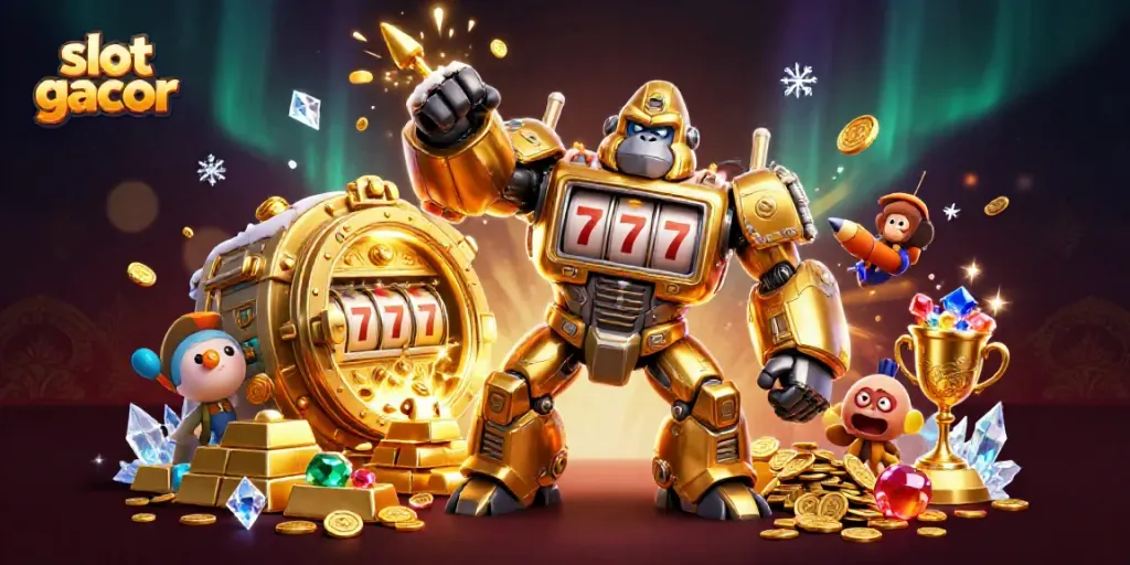 Experience slot gacor action with a golden gorilla mech surrounded by treasures and vibrant casino elements.