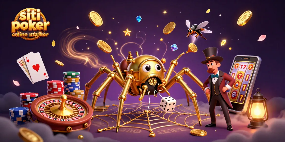 Scopri i migliori siti di poker online mentre un ragno d'oro costruisce una ragnatela di fiches e monete.