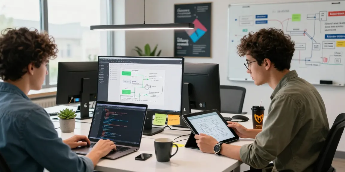Engaging scene of a mobile app development course online with developers collaborating at a modern workspace.