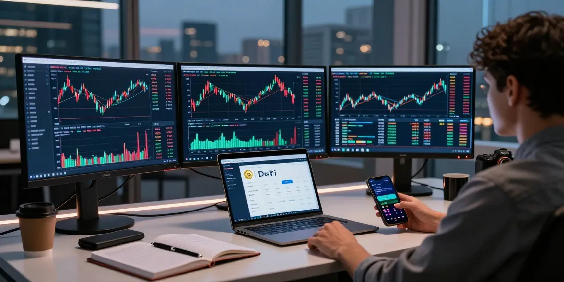 SPY stock trading setup featuring cryptocurrency analysis tools, with monitors displaying charts and price movements.