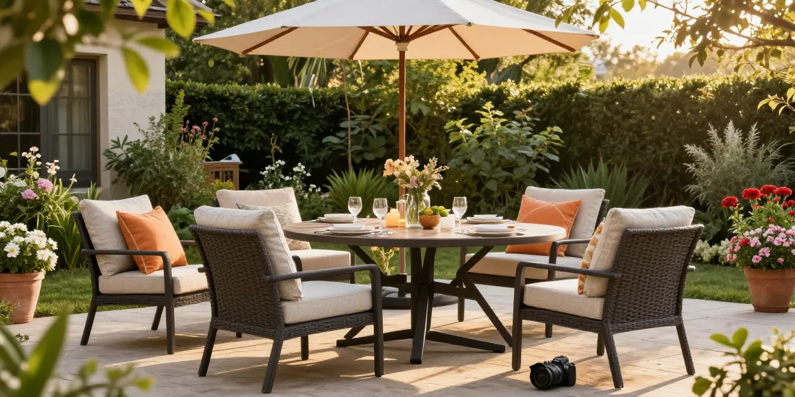 Stylish outdoor patio furniture setup featuring best patio furniture brands with elegant dining arrangements and lush greenery.