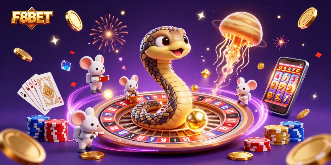 Experience F8BET's exciting cosmic gaming adventure with cartoon characters and vibrant casino elements!