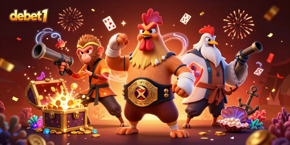 Win big with debet1 in this dynamic 3D casino scene featuring cartoon fighters and gold treasures.