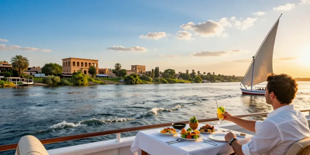 Dahabiya Nile cruises featuring a traveler relaxing on deck, enjoying scenic views and local delicacies during sunset.