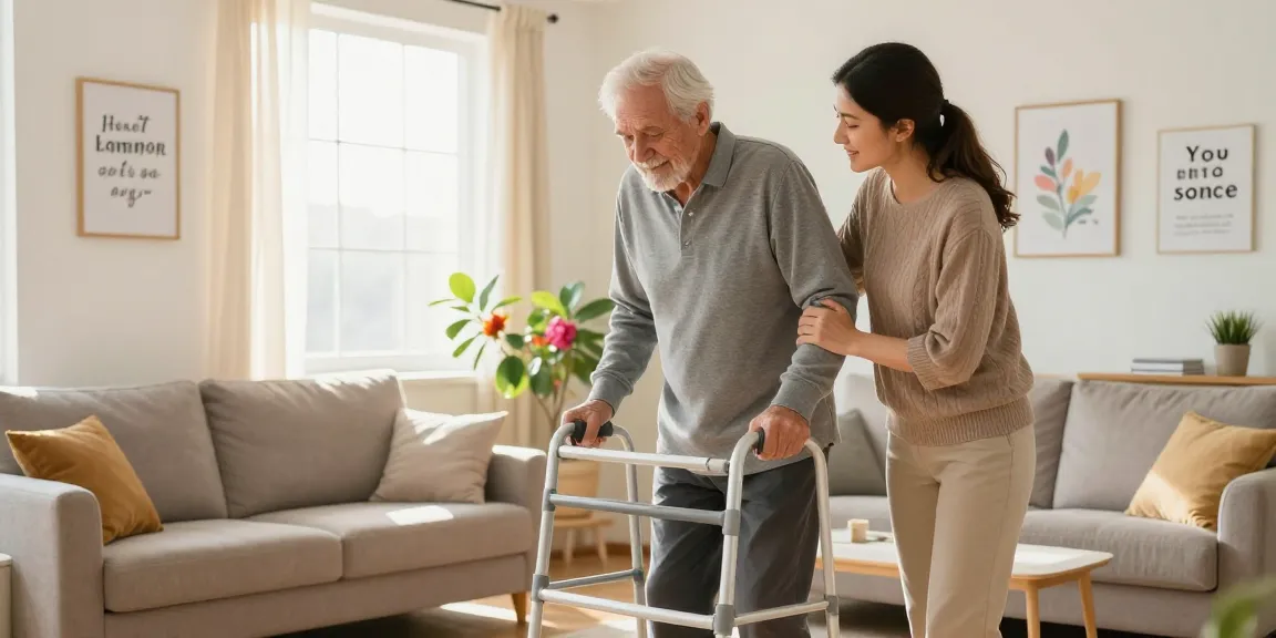 An elderly man using a 助行架 while practicing walking in a bright home setting, with family support and a warm atmosphere.