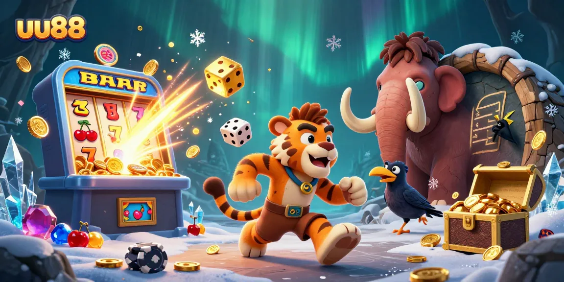 uu88 captures thrilling moments in a vibrant casino scene with sabertooth tiger and caveman.