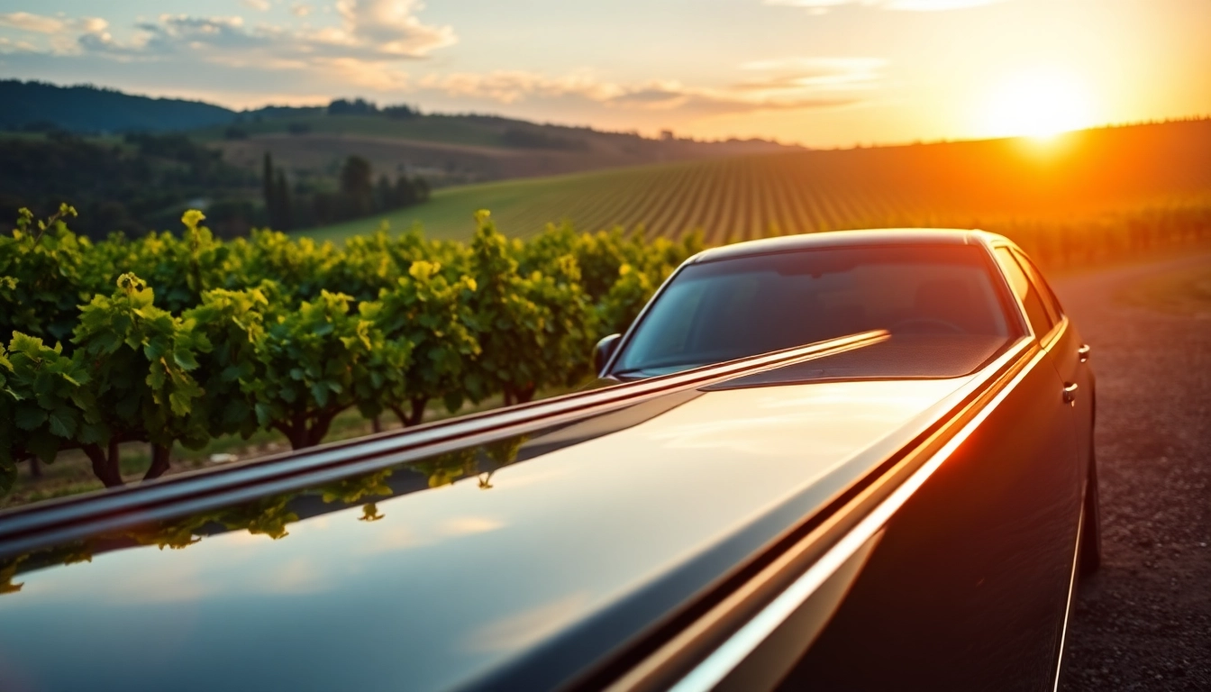 A stunning winery tour limousine parked among lush vineyards at sunset, showcasing luxury travel.