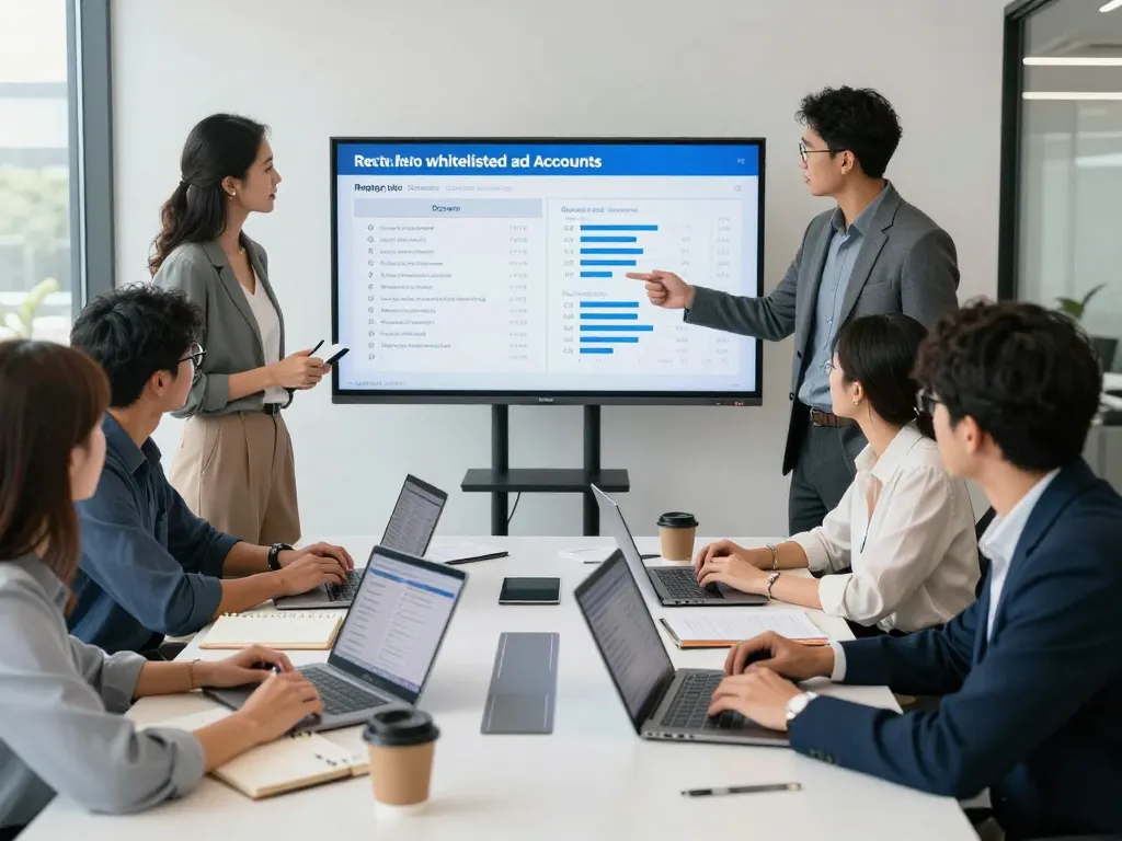 Marketing team discussing the advantages of meta whitelisted ad accounts rent in a modern office.