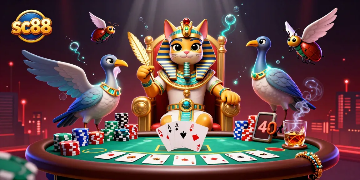Experience thrilling poker action with sc88, featuring an Egyptian pharaoh cat and vibrant casino elements.