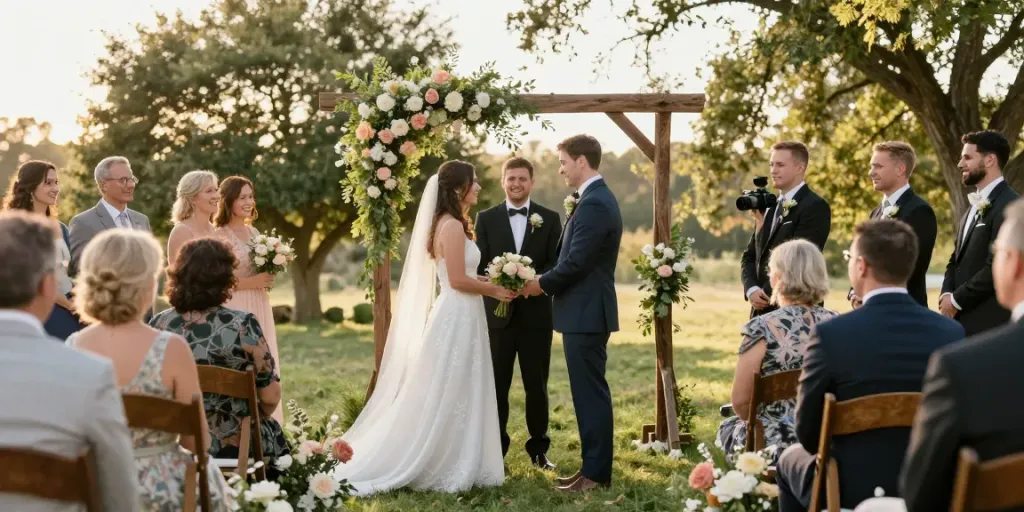 Documentary wedding photographer in Dunedin capturing couple exchanging vows in a romantic outdoor setting.