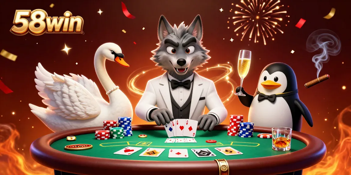 Experience thrilling casino action at 58win with a debonair wolf, elegant swan, and sophisticated penguin.