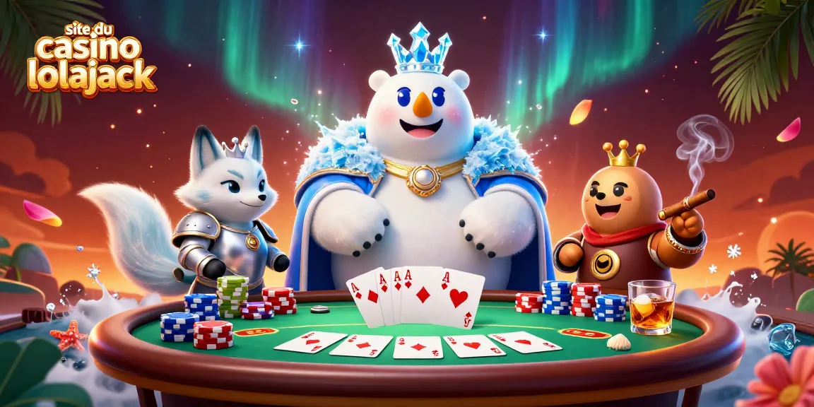 Gagnez avec le site du casino lolajack dans une scène 3D animée remplie de jeux de cartes et de pièces de casino.