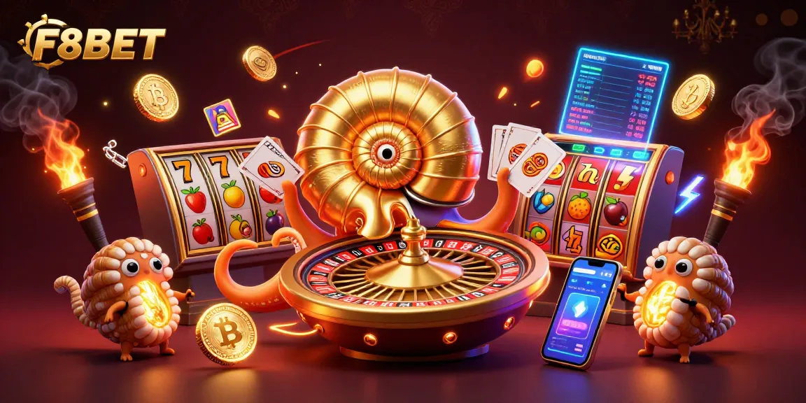Experience exhilarating casino action at F8BET with vibrant slot reels and golden treasures.