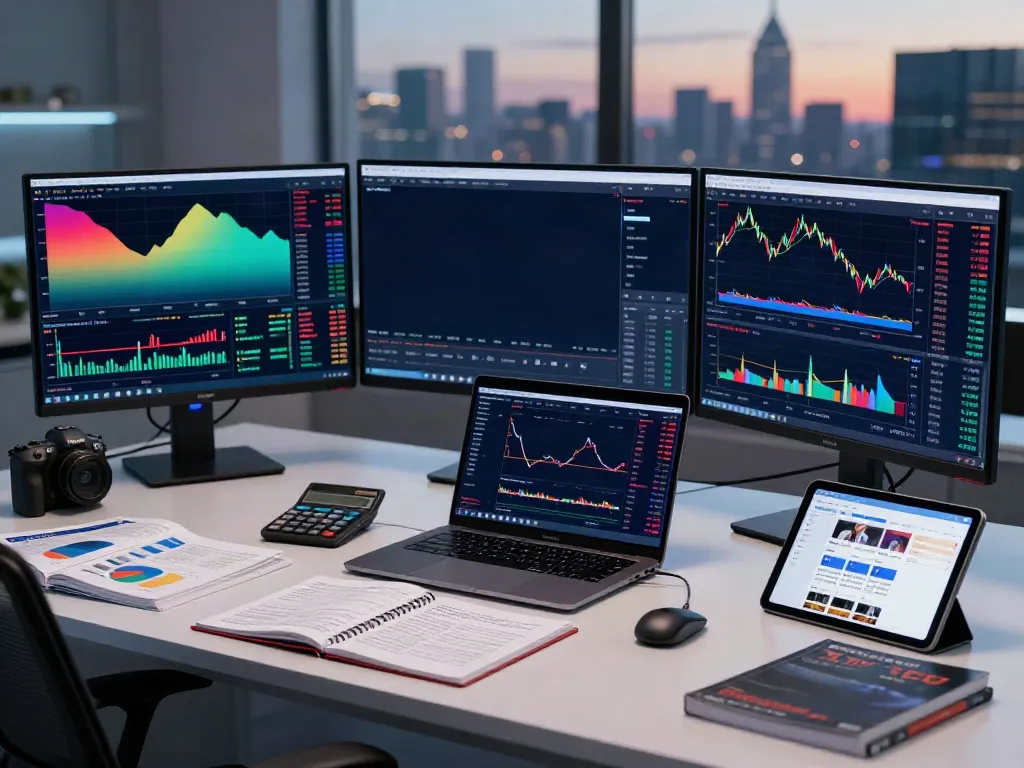 Trader working with multiple screens displaying TradingView charts and market data in a modern workspace.