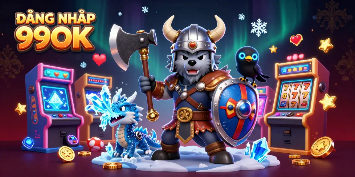 Engage with ĐĂNG NHẬP 99OK, showcasing a Viking warrior, fierce dragon, and raven in a vibrant casino scene.