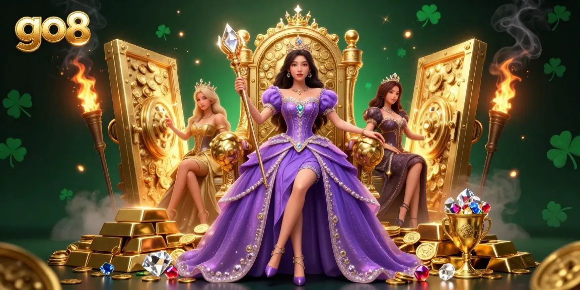 Spin big with go8's vibrant casino, featuring treasures and a royal setting!