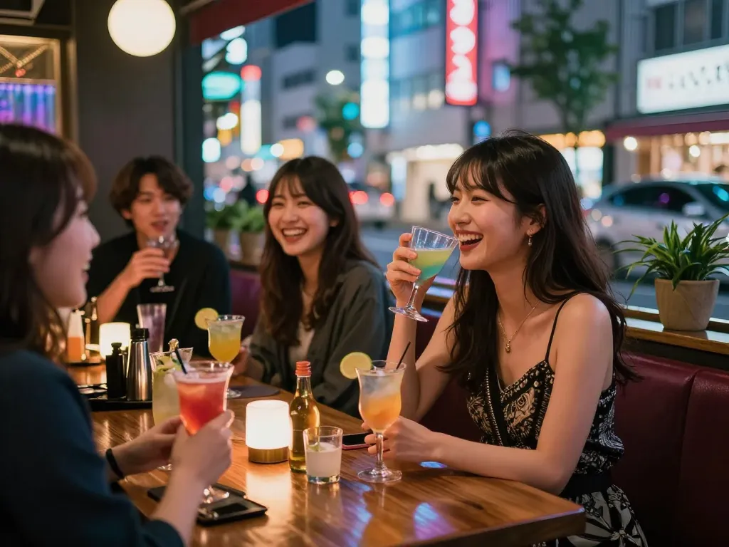帯広の夜を楽しむ若い女性、デリヘルで友達と交流。ネオンライトが輝く活気ある都市バーのシーン。