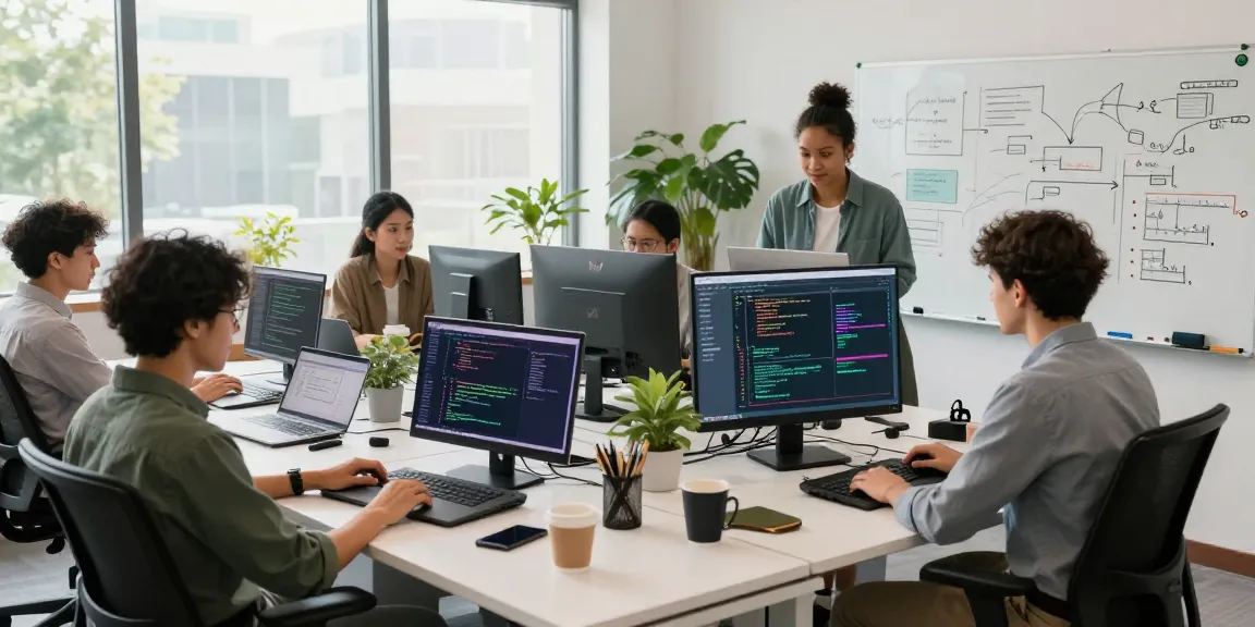 Team collaborating with NAGA2000 in innovative tech workspace, showcasing vibrant code and dynamic teamwork.