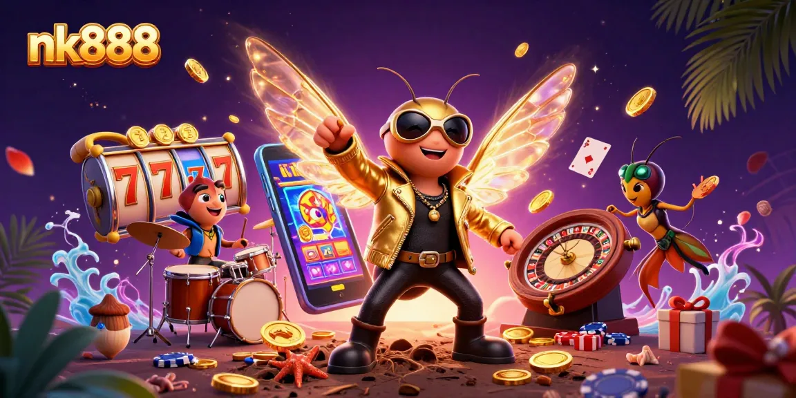 Experience thrilling wins at nk888 with vibrant slot games and energetic characters in this colorful casino illustration.
