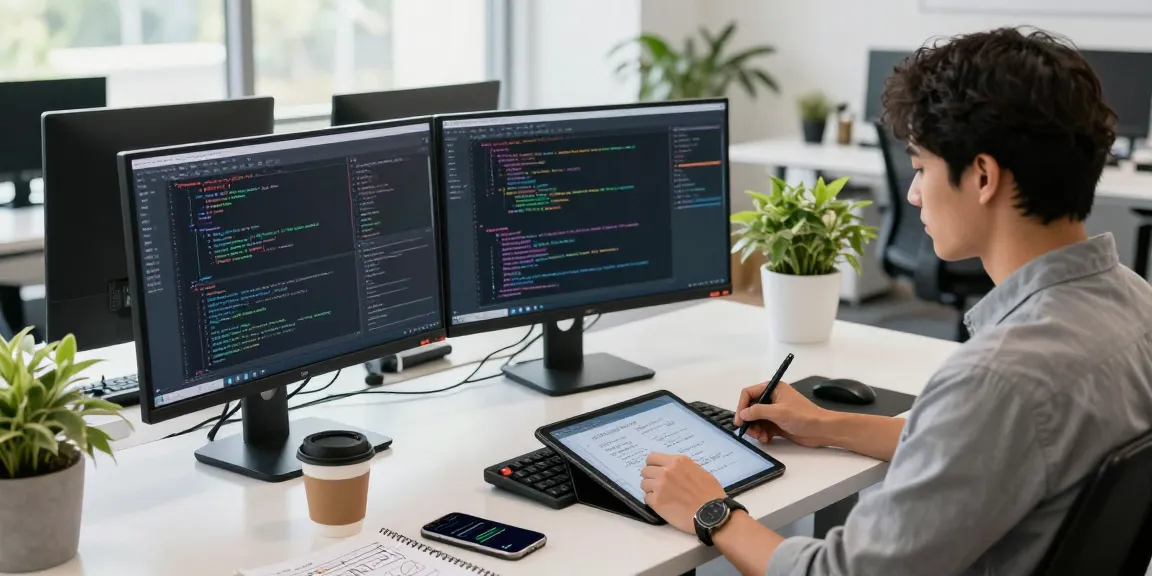 Engaged developer working on raja328 login at modern tech workspace with dual monitors.