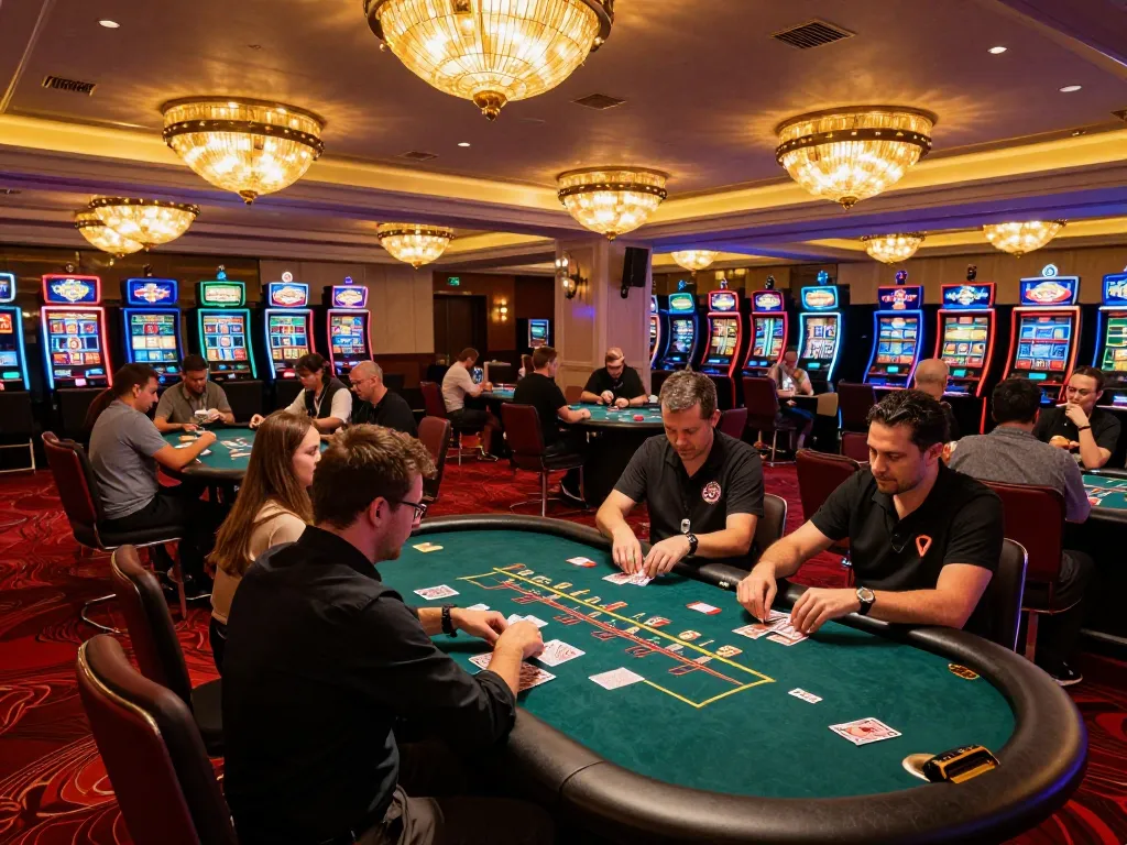 Onbet casino players enjoying intense poker games at a luxurious casino table.