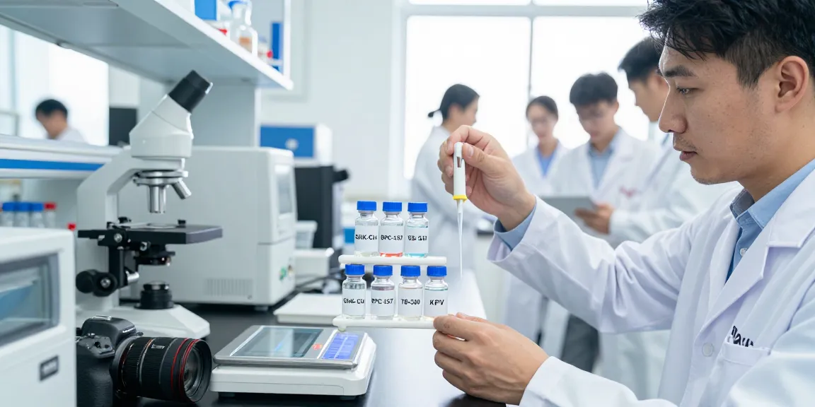 KLOW stack lab environment with scientist analyzing four peptide vials GHK-Cu, BPC-157, TB-500, and KPV in a clean laboratory.