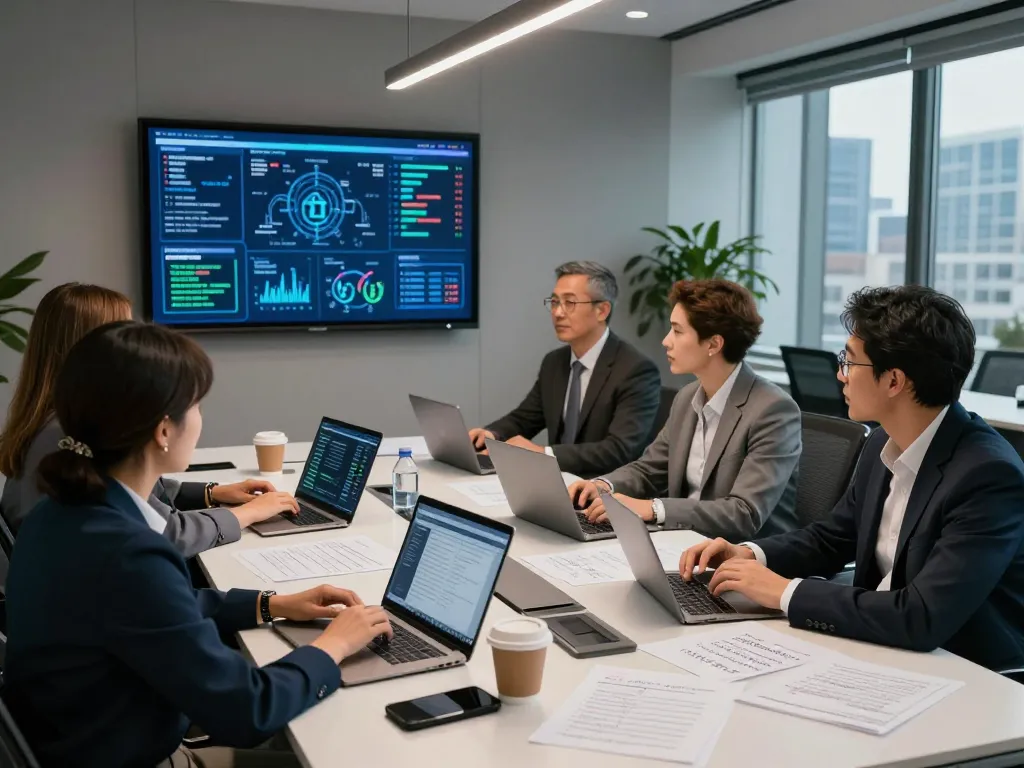 Team discussing security challenges in an office environment with data dashboards and collaborative tools.