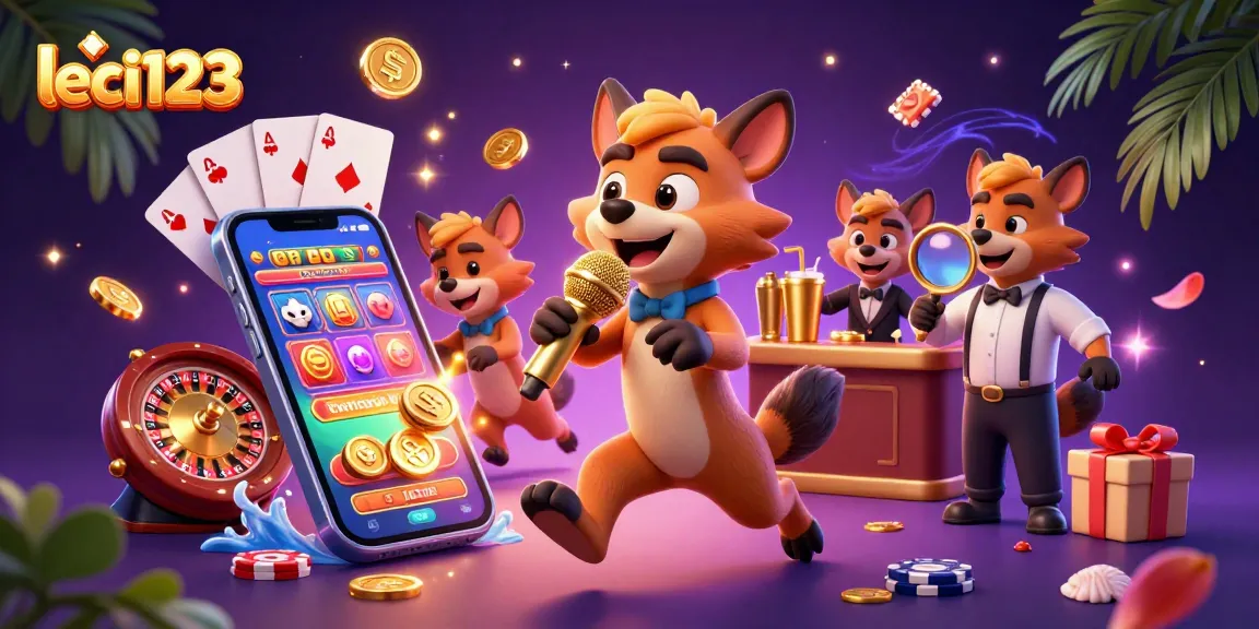 Leci123 showcases hyena characters in a vibrant casino scene, engaging players with comedic entertainment and slot games.