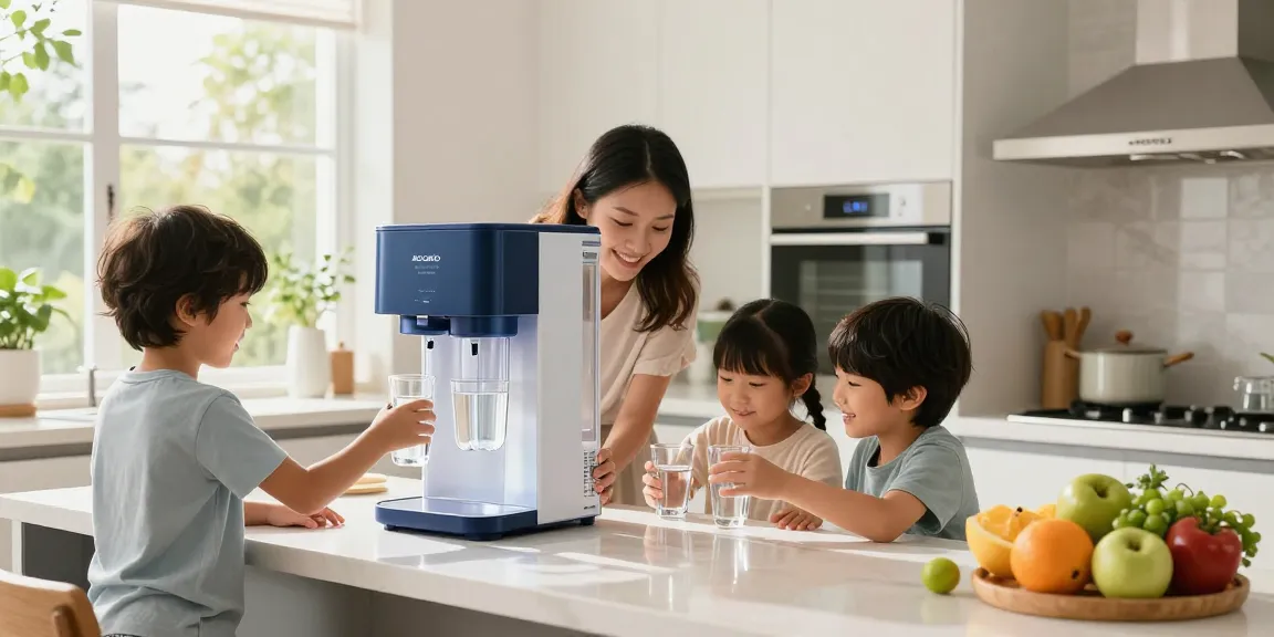 Family enjoying clean water from Living Water Filtration system in a bright kitchen