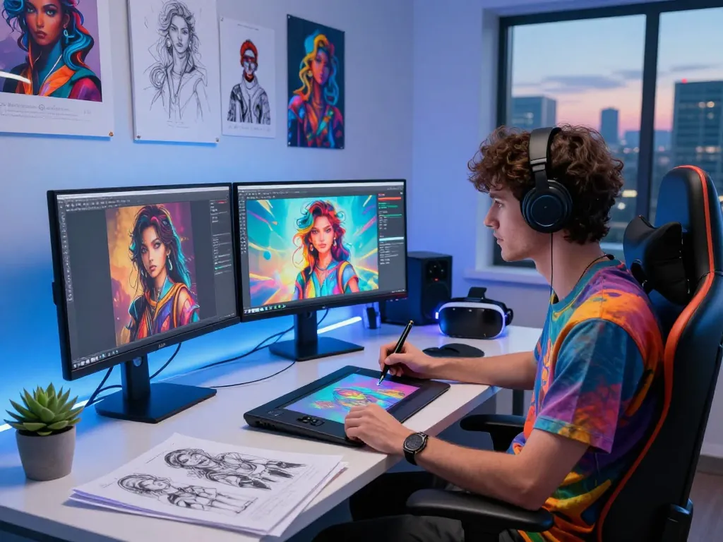 Artist creating NSFW AI artwork in a digital studio, showcasing creativity and technology.