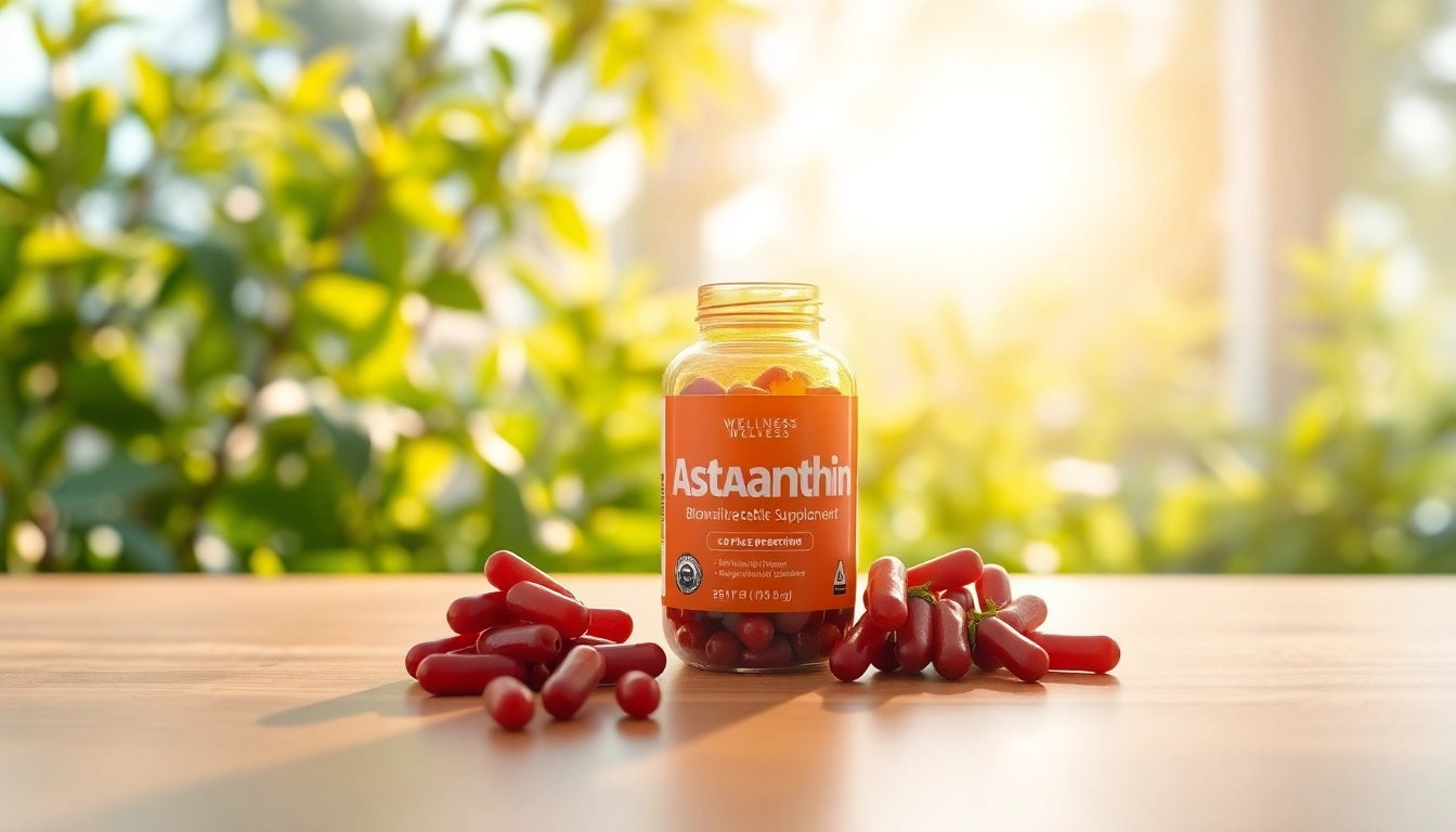 Showcase a bioavailable astaxanthin supplement in a vibrant, natural setting with a lively atmosphere.