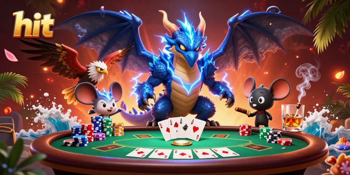 Players hit big at the thrilling poker table surrounded by magical characters in this dynamic illustration.