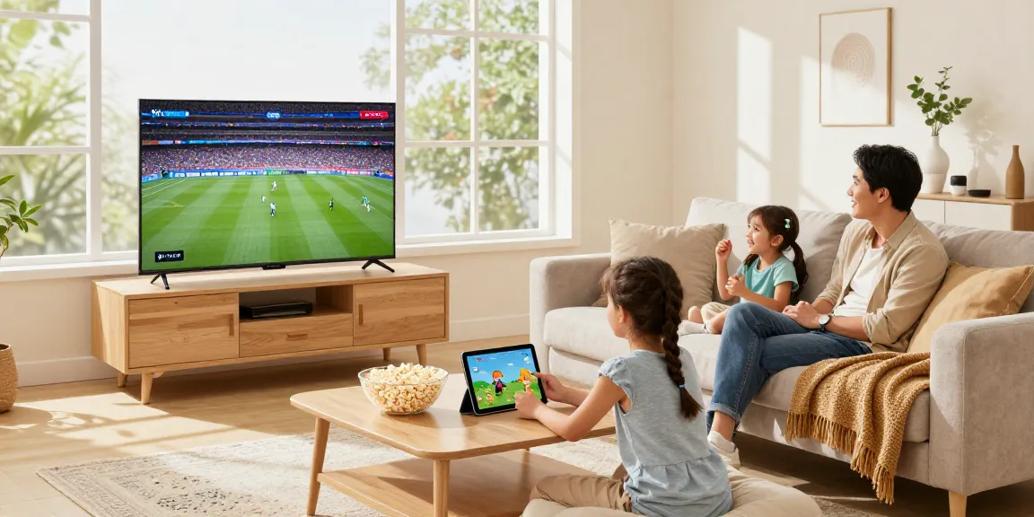 Family enjoying IPTV service with sports on TV and education on tablet.
