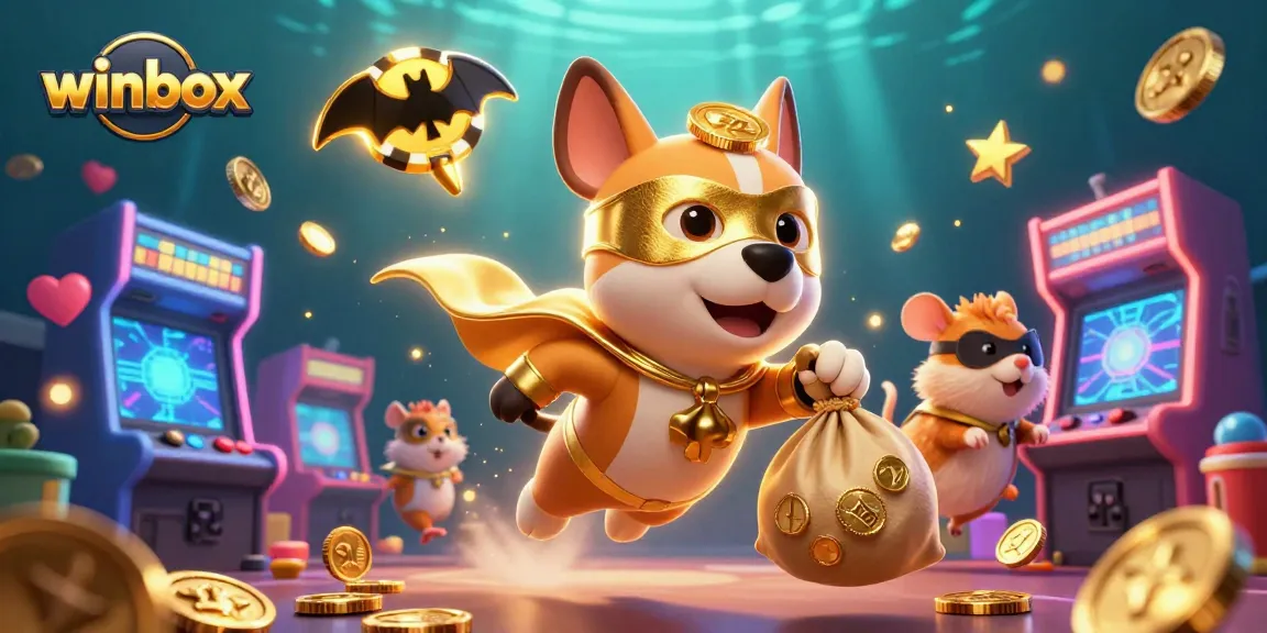 Winbox offers a thrilling gaming experience featuring a superhero dog and vibrant casino elements in action.