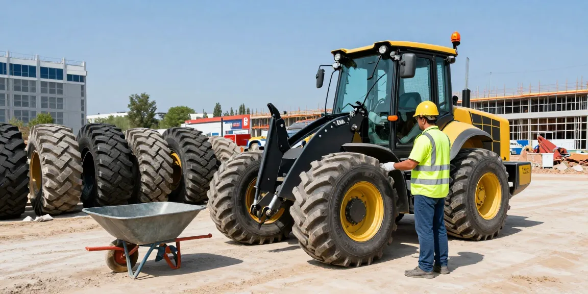 TLB tyres displayed on a construction site with an operator inspecting a tractor loader backhoe for premium performance.