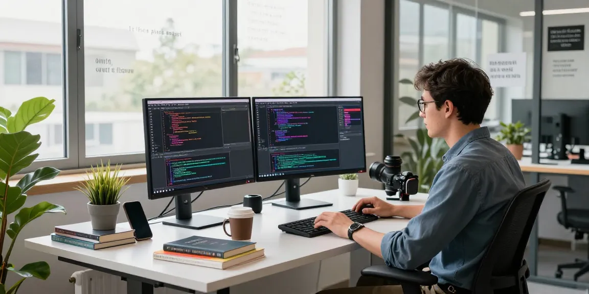 Developer coding in a modern workspace with bdtjl applications on screens and coffee nearby.
