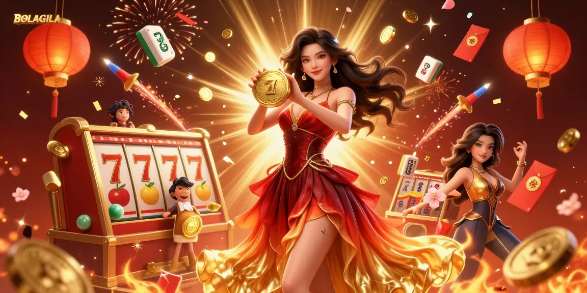BOLAGILA showcases an enchanting illustration featuring a stunning Asian woman holding a golden coin amid vibrant slot game elements.