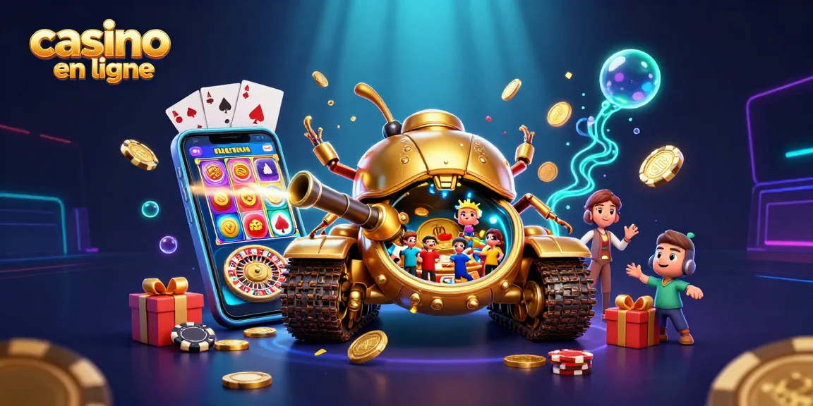 Découvrez le casino en ligne animé avec un tank d'or révélant un casino miniature et des jeux d'argent interactifs.
