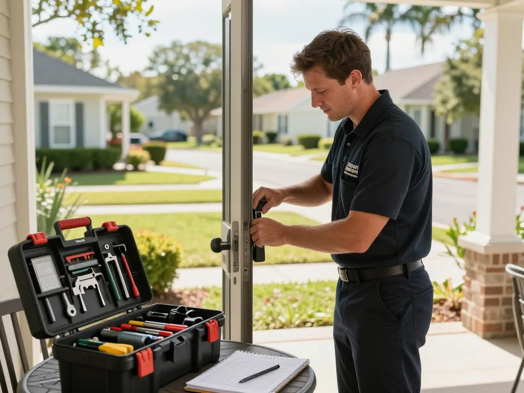 Port St. Lucie locksmith working on a door lock in a residential neighborhood, showcasing tools and a welcoming home.