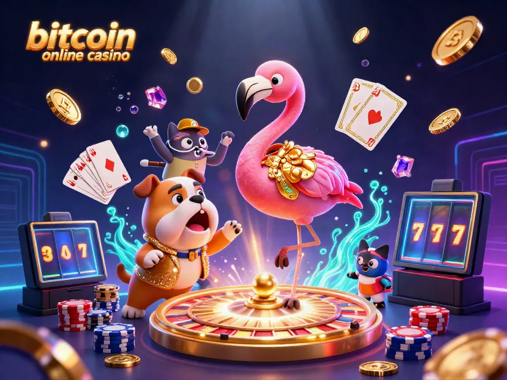 Join the excitement at a bitcoin online casino with a vibrant game show scene.