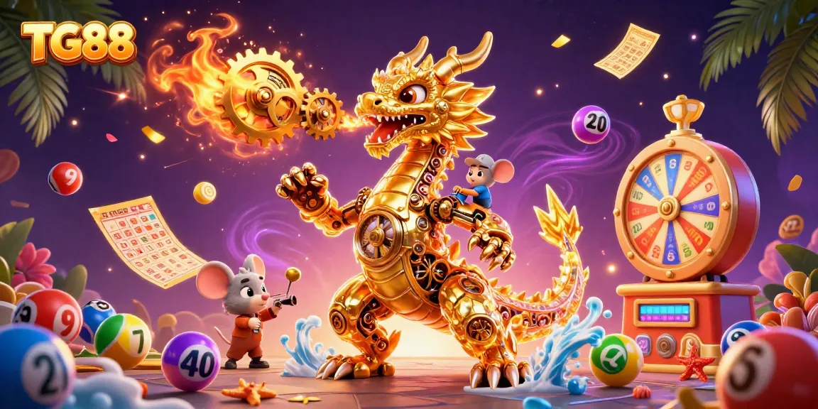 Engage with captivating TG88 gaming adventure featuring vibrant lottery elements and a golden dragon.