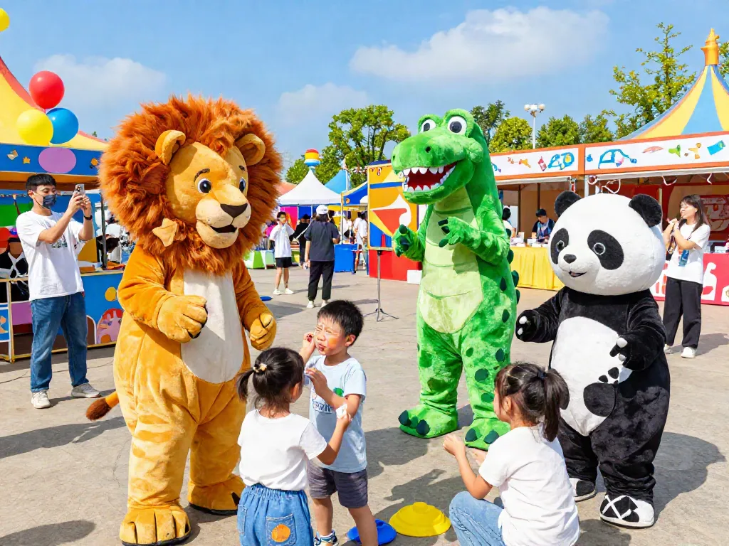 Children in vibrant mascot costumes enjoying a festival atmosphere