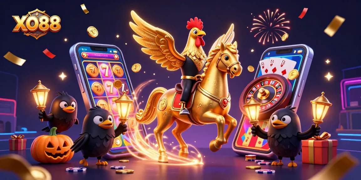 Experience the excitement of XO88 with a vibrant casino adventure scene packed with vivid gaming elements.