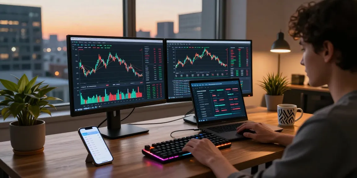 Engaging cryptocurrency trading scene showcasing cloud mining without hardware on multiple screens and devices, emphasizing modern technology and secure digital assets management.