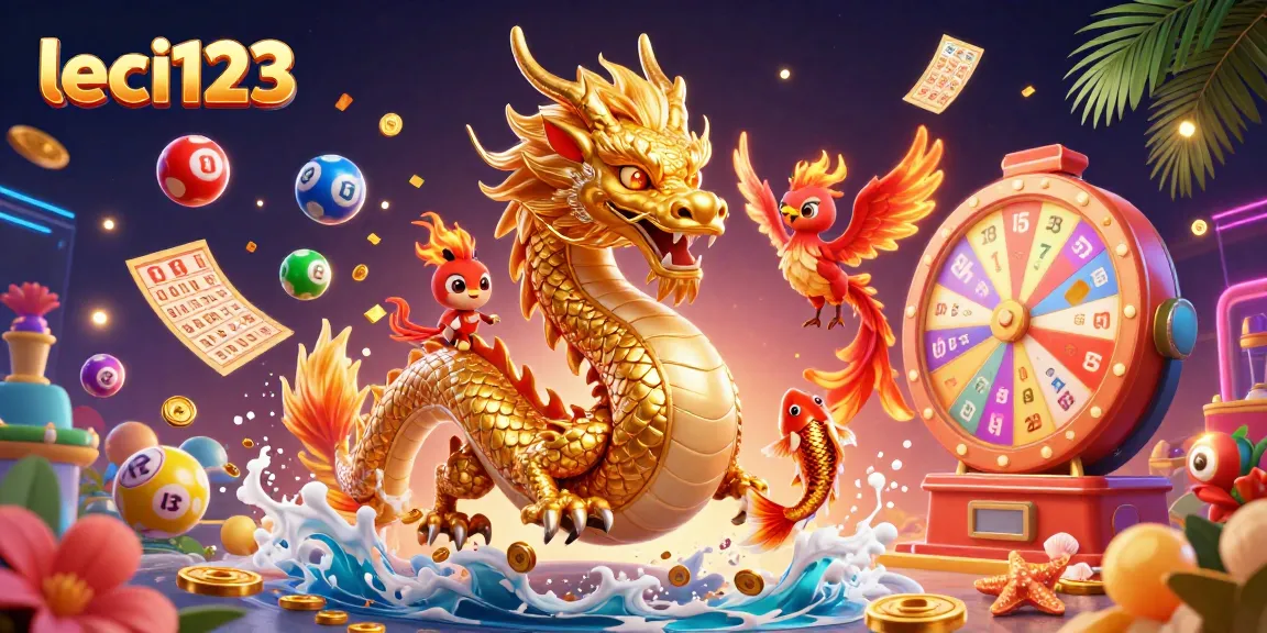 Experience gaming excitement with leci123's vibrant 3D lottery-themed illustration featuring dynamic characters and elements.