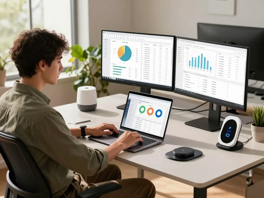 Tech gadgets for productivity enhancing modern office workspace with monitors, laptop, and accessories.