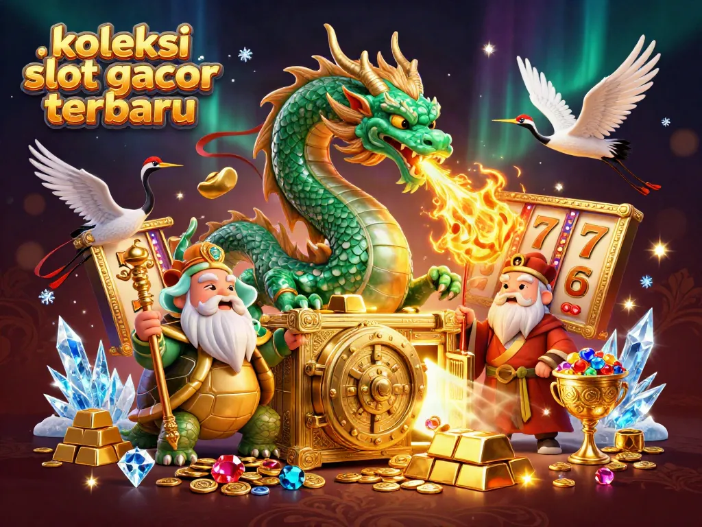 Koleksi slot gacor terbaru yang menampilkan naga hijau dan simbol slot dengan berlimpah emas dan permata