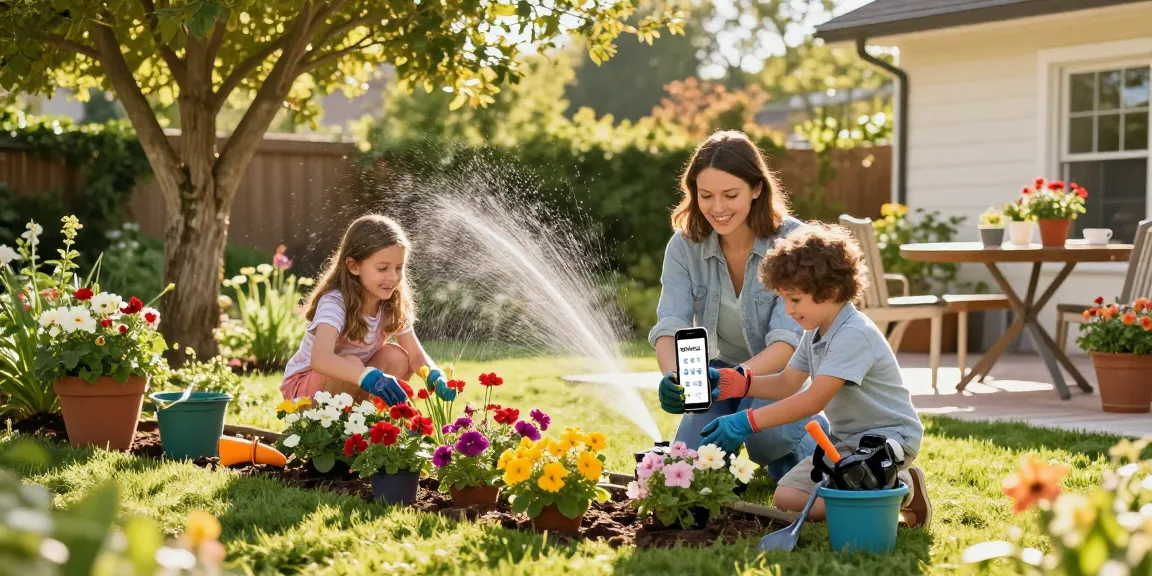 Family enjoying gardening with smart sprinkler technology in vibrant backyard.