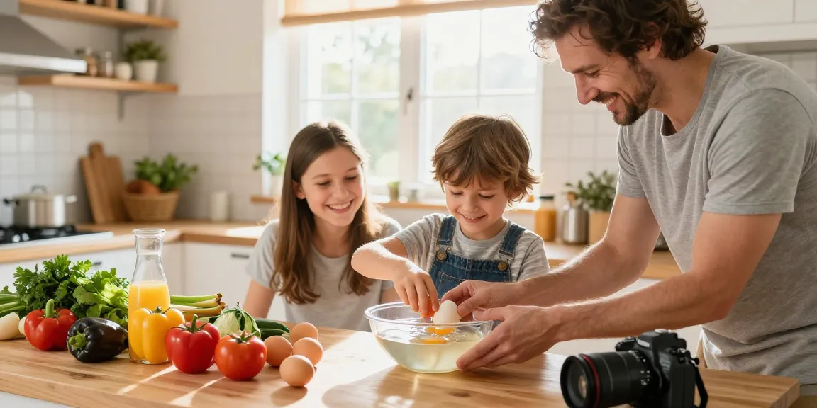 Menampilkan keluarga menggunakan panduan Egg Float Test Sumber dari https://www.eggfloattest.com/contact untuk memeriksa kesegaran telur di dapur.